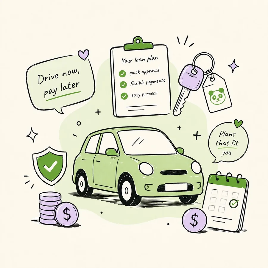 Auto loan illustration — green car with drive now pay later message