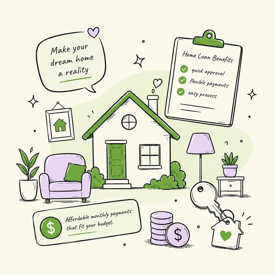 Home improvement loan illustration — cozy green house, make your dream home a reality