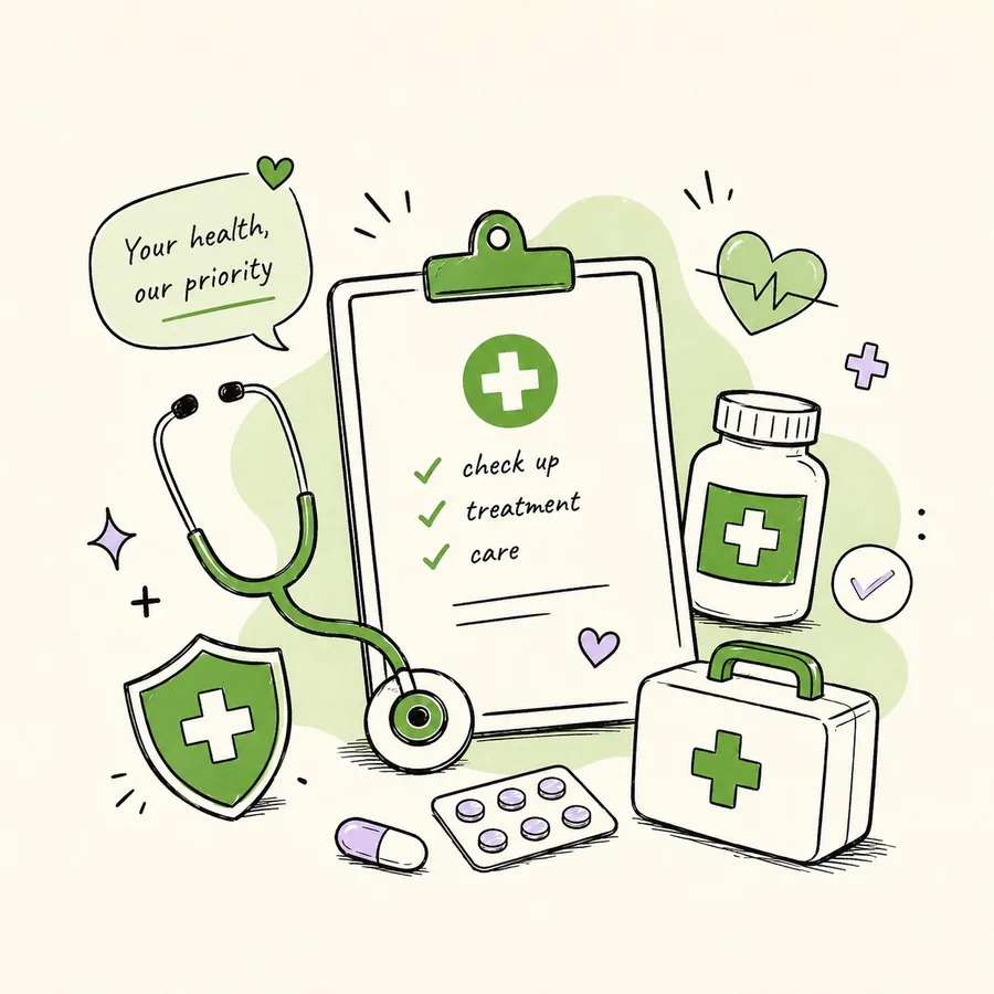 Medical loan illustration — stethoscope, pills and first aid kit, your health our priority